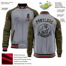 Load image into Gallery viewer, Custom Gray Vintage USA Flag Black City Cream Crimson-Olive Varsity Letterman Two Tone Zipper Jacket