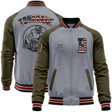 Load image into Gallery viewer, Custom Gray Vintage USA Flag Black City Cream Crimson-Olive Varsity Letterman Two Tone Zipper Jacket