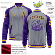 Load image into Gallery viewer, Custom Gray Gold-Purple Varsity Letterman Two Tone Zipper Jacket
