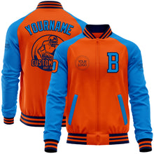 Load image into Gallery viewer, Custom Orange Navy-Powder Blue Bomber Varsity Letterman Two Tone Zipper Jacket