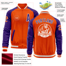 Load image into Gallery viewer, Custom Orange White-Purple Bomber Varsity Letterman Two Tone Zipper Jacket