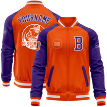 Load image into Gallery viewer, Custom Orange White-Purple Bomber Varsity Letterman Two Tone Zipper Jacket