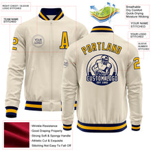 Load image into Gallery viewer, Custom Cream Gold-Navy Bomber Varsity Letterman Zipper Jacket