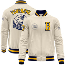 Load image into Gallery viewer, Custom Cream Gold-Navy Bomber Varsity Letterman Zipper Jacket