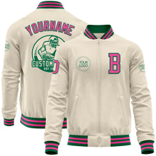 Load image into Gallery viewer, Custom Cream Pink-Kelly Green Bomber Varsity Letterman Zipper Jacket
