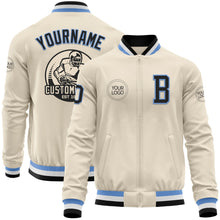 Load image into Gallery viewer, Custom Cream Black Light Blue-White Bomber Varsity Letterman Zipper Jacket
