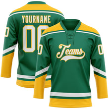Load image into Gallery viewer, Custom Kelly Green White-Gold Hockey Lace Neck Jersey