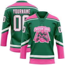Load image into Gallery viewer, Custom Kelly Green White-Pink Hockey Lace Neck Jersey