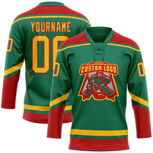 Load image into Gallery viewer, Custom Kelly Green Gold-Red Hockey Lace Neck Jersey