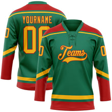 Load image into Gallery viewer, Custom Kelly Green Gold-Red Hockey Lace Neck Jersey