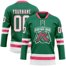 Load image into Gallery viewer, Custom Kelly Green White-Neon Pink Hockey Lace Neck Jersey