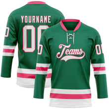 Load image into Gallery viewer, Custom Kelly Green White-Neon Pink Hockey Lace Neck Jersey