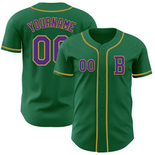 Load image into Gallery viewer, Custom Kelly Green Purple-Old Gold Authentic Baseball Jersey