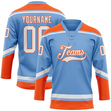 Load image into Gallery viewer, Custom Light Blue White-Orange Hockey Lace Neck Jersey