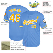 Load image into Gallery viewer, Custom Light Blue Gold-White Mesh Authentic Throwback Baseball Jersey