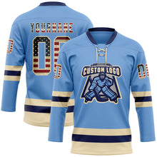 Load image into Gallery viewer, Custom Light Blue Vintage USA Flag Cream-Navy Hockey Lace Neck Jersey