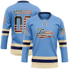 Load image into Gallery viewer, Custom Light Blue Vintage USA Flag Cream-Navy Hockey Lace Neck Jersey