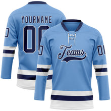 Load image into Gallery viewer, Custom Light Blue Navy-White Hockey Lace Neck Jersey