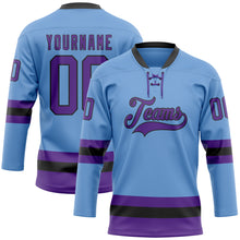 Load image into Gallery viewer, Custom Light Blue Purple-Black Hockey Lace Neck Jersey