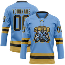 Load image into Gallery viewer, Custom Light Blue Black-Old Gold Hockey Lace Neck Jersey