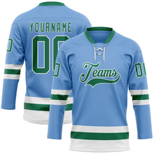 Load image into Gallery viewer, Custom Light Blue Kelly Green-White Hockey Lace Neck Jersey