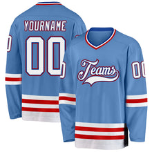 Load image into Gallery viewer, Custom Light Blue Royal-Red Hockey Jersey