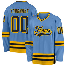 Load image into Gallery viewer, Custom Light Blue Black-Gold Hockey Jersey