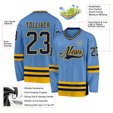 Load image into Gallery viewer, Custom Light Blue Navy-Gold Hockey Jersey