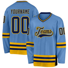 Load image into Gallery viewer, Custom Light Blue Navy-Gold Hockey Jersey
