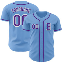Load image into Gallery viewer, Custom Light Blue Purple-White Authentic Baseball Jersey