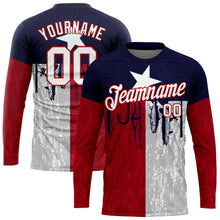 Load image into Gallery viewer, Custom Navy White-Red 3D Texas Flag And Fish Hook Fishing Long Sleeve Performance T-Shirt