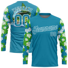 Load image into Gallery viewer, Custom Panther Blue White 3D Tropical Leaves And Bass Fish Fishing Long Sleeve Performance T-Shirt