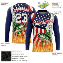Load image into Gallery viewer, Custom Royal White-Red 3D American Flag And Bass Fish Fishing Long Sleeve Performance T-Shirt