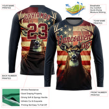 Load image into Gallery viewer, Custom Navy Crimson-City Cream 3D Animal Deer Hunting American Flag Long Sleeve Performance T-Shirt