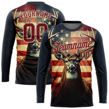 Load image into Gallery viewer, Custom Navy Crimson-City Cream 3D Animal Deer Hunting American Flag Long Sleeve Performance T-Shirt