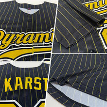 Load image into Gallery viewer, Custom Black Old Gold Pinstripe Old Gold-White Authentic Baseball Jersey