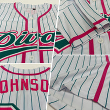 Load image into Gallery viewer, Custom White Teal Pinstripe Pink Authentic Baseball Jersey