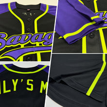 Load image into Gallery viewer, Custom Black Purple-Neon Green Authentic Raglan Sleeves Baseball Jersey