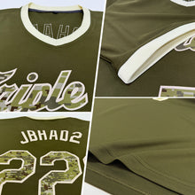 Load image into Gallery viewer, Custom Olive Camo-Cream Authentic Throwback Rib-Knit Salute To Service Baseball Jersey Shirt