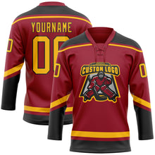 Load image into Gallery viewer, Custom Maroon Gold-Black Hockey Lace Neck Jersey