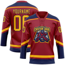 Load image into Gallery viewer, Custom Maroon Gold-Navy Hockey Lace Neck Jersey