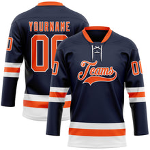 Load image into Gallery viewer, Custom Navy Orange-White Hockey Lace Neck Jersey
