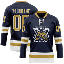 Load image into Gallery viewer, Custom Navy Old Gold-White Hockey Lace Neck Jersey