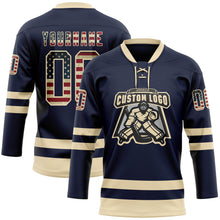 Load image into Gallery viewer, Custom Navy Vintage USA Flag-Cream Hockey Lace Neck Jersey