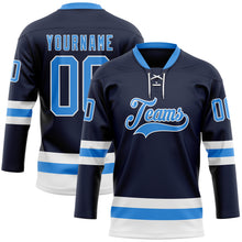 Load image into Gallery viewer, Custom Navy Powder Blue-White Hockey Lace Neck Jersey