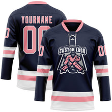 Load image into Gallery viewer, Custom Navy Medium Pink-White Hockey Lace Neck Jersey
