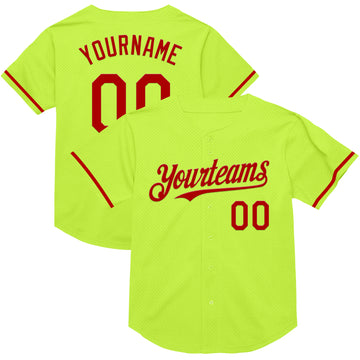 Custom Neon Green Red Mesh Authentic Throwback Baseball Jersey