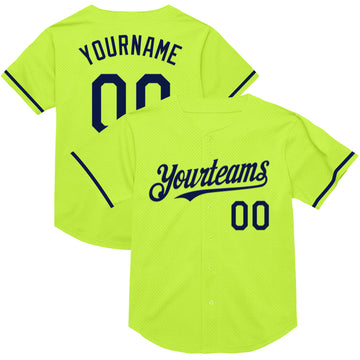 Custom Neon Green Navy Mesh Authentic Throwback Baseball Jersey
