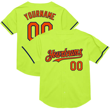 Custom Neon Green Orange-Navy Mesh Authentic Throwback Baseball Jersey