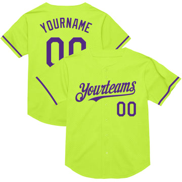 Custom Neon Green Purple Mesh Authentic Throwback Baseball Jersey